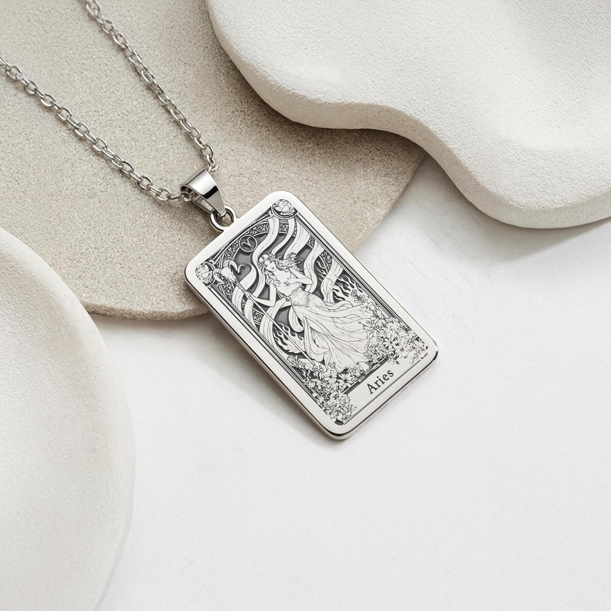 Sterling silver Aries Astrological Sign Necklace: rectangular tarot  the Aries zodiac s...