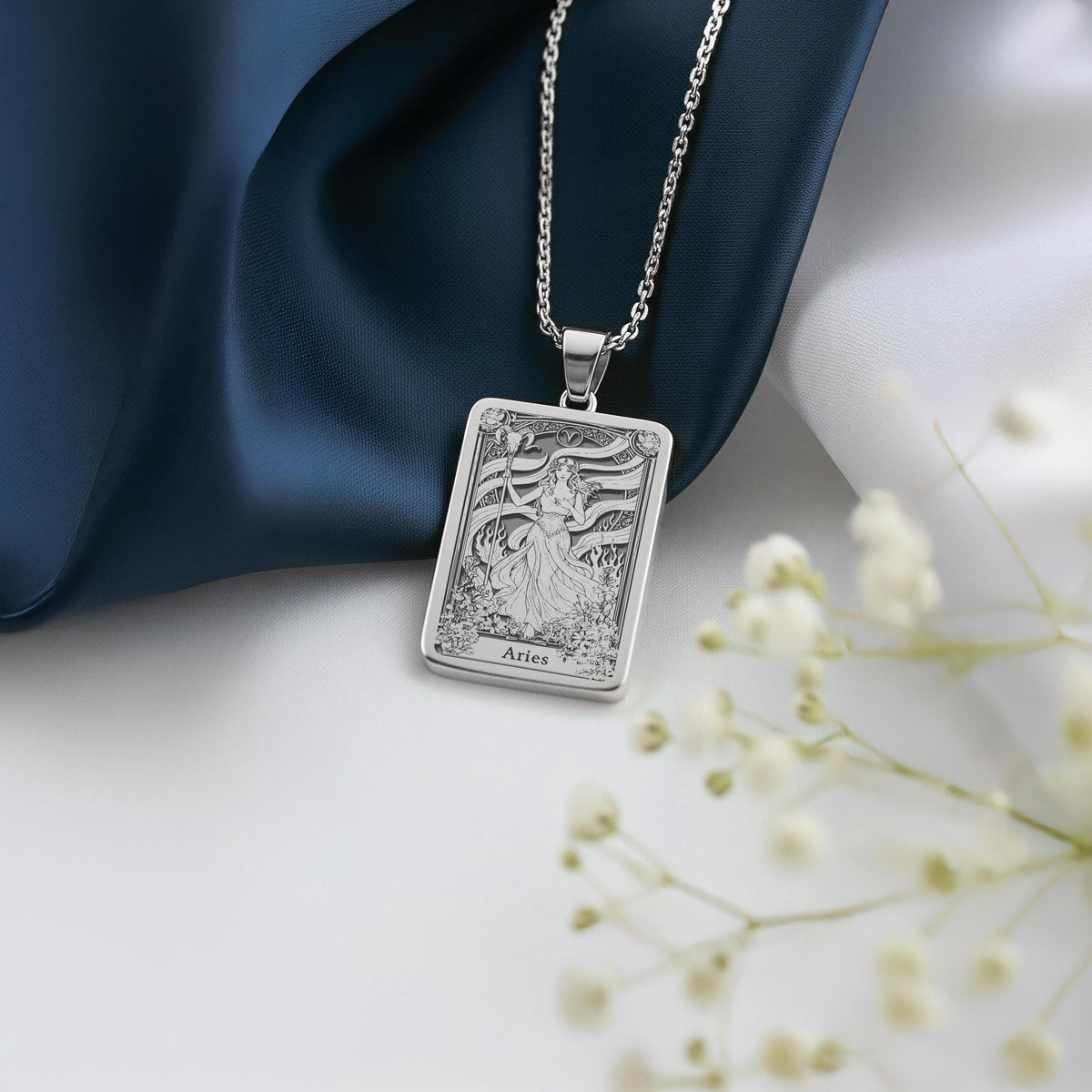 Sterling silver Aries Astrological Sign Necklace: rectangular zodiac  Aries fire sign w...