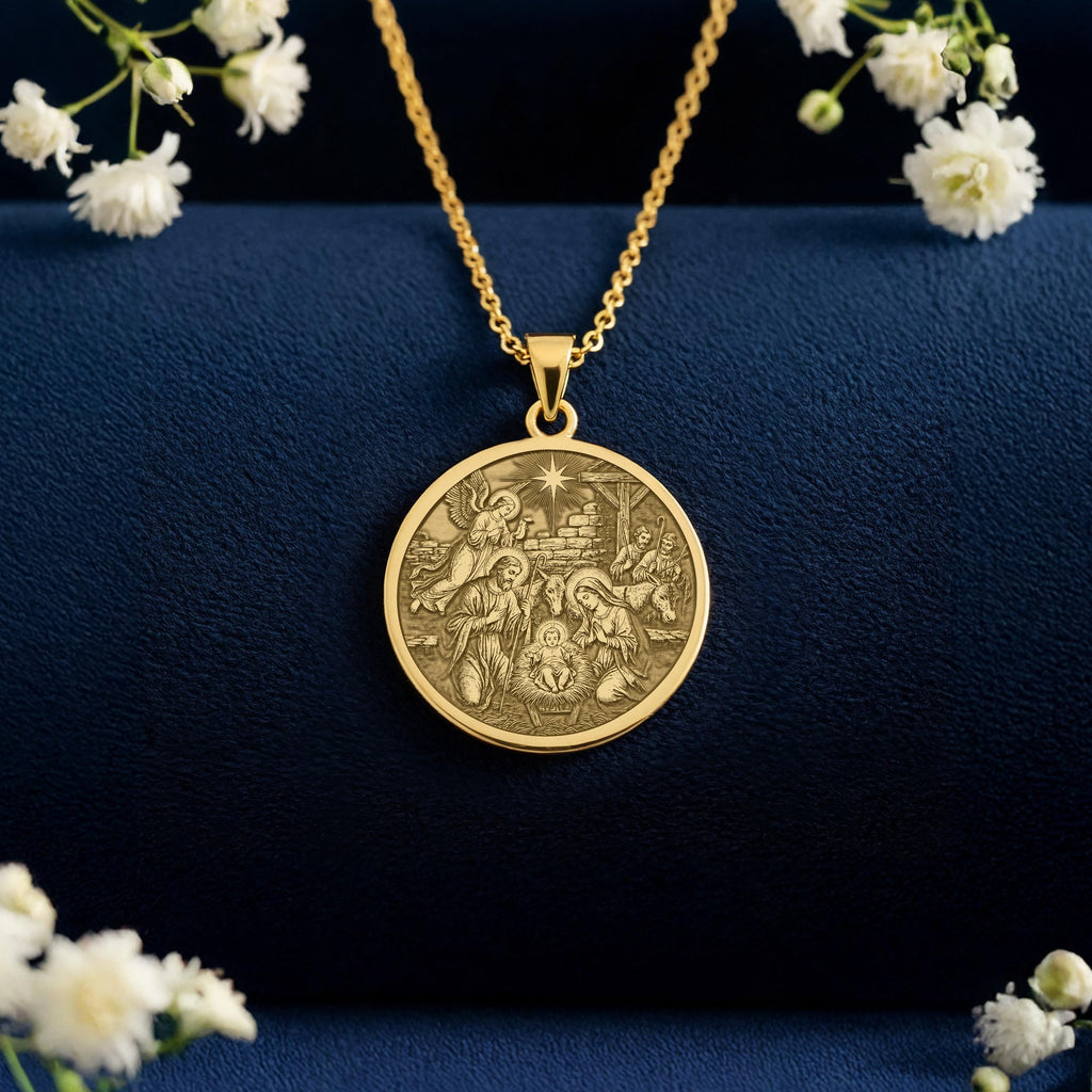 Nativity Scene Medallion: 14K Gold Jesus Pendant Necklace - View 214
