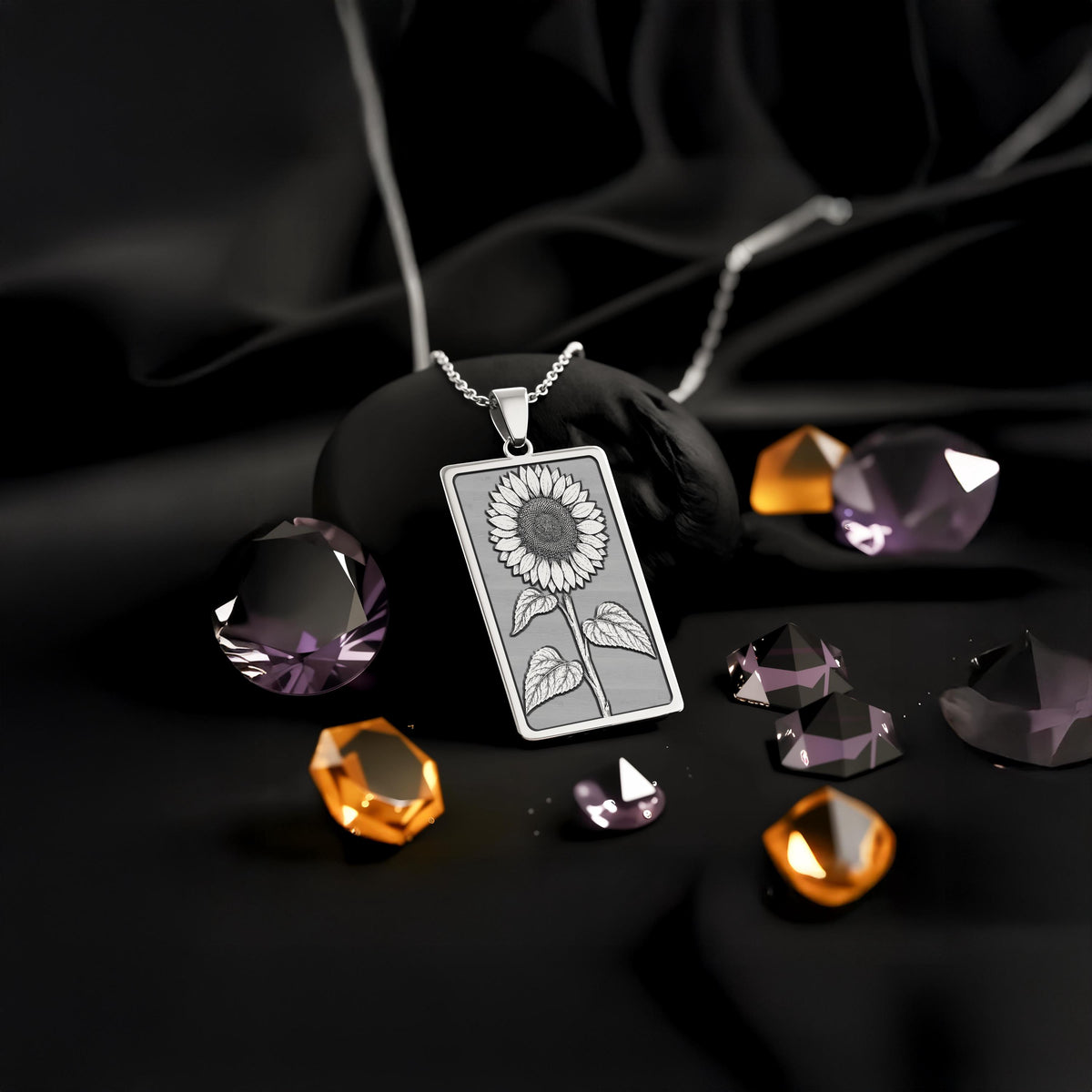 Sterling silver Sunflower Tarot Pendant: rectangular tarot  sunflower botanical art wit...