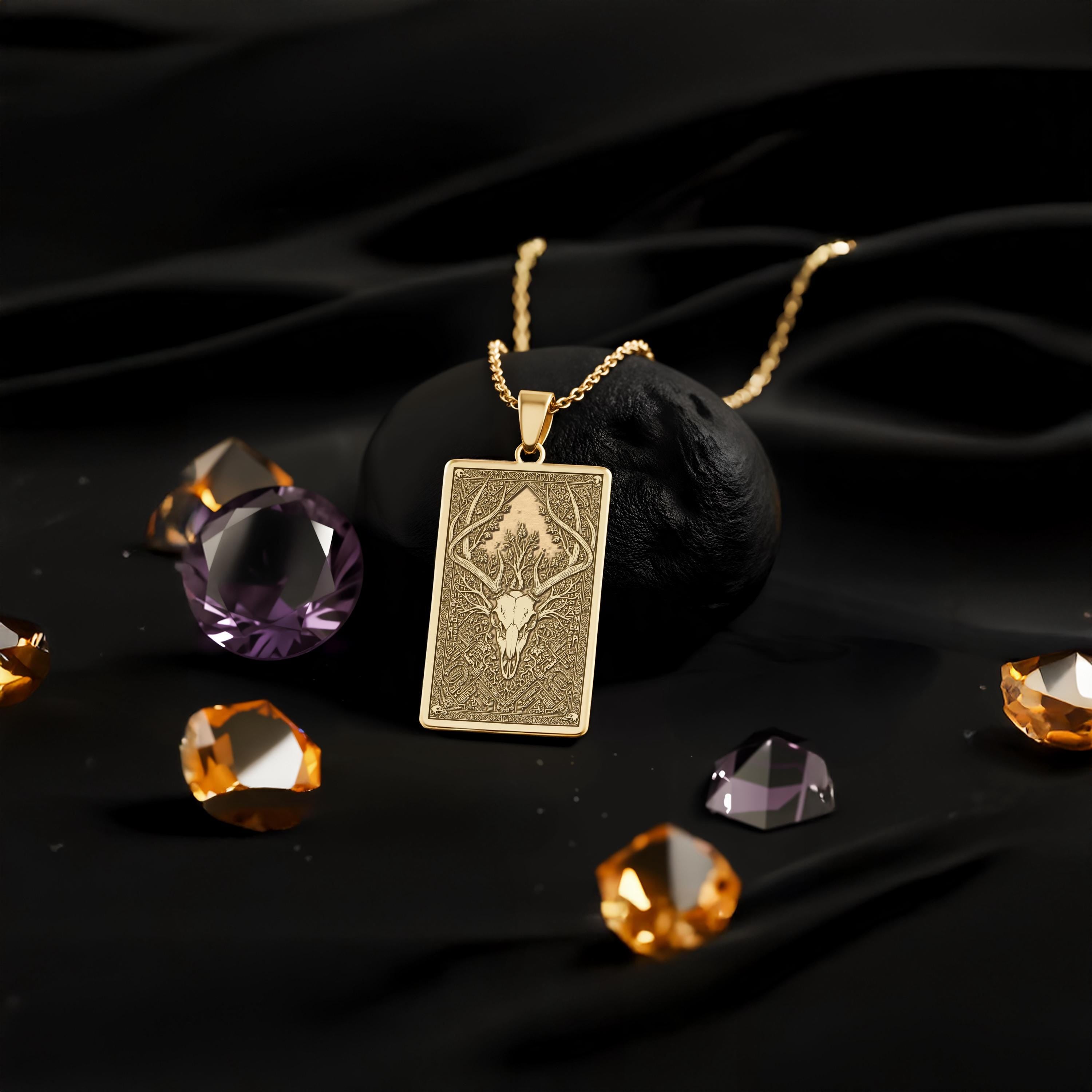 Deer Skull Pendant Necklace: 14K Gold, Forest God Amulet, Pagan Witch Jewelry - View 2