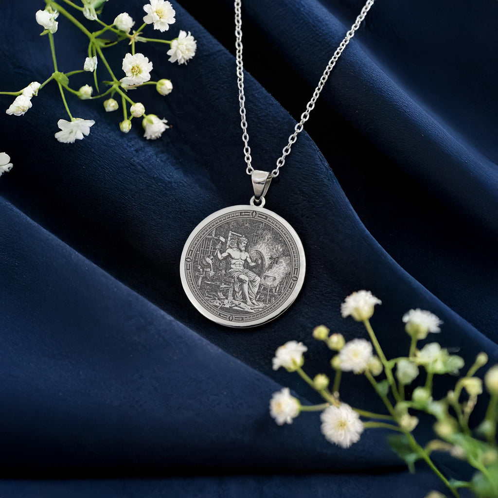 Hephaestus Pendant Necklace: 14K Gold, God of Fire Medallion, Blacksmith Jewelry - View 3