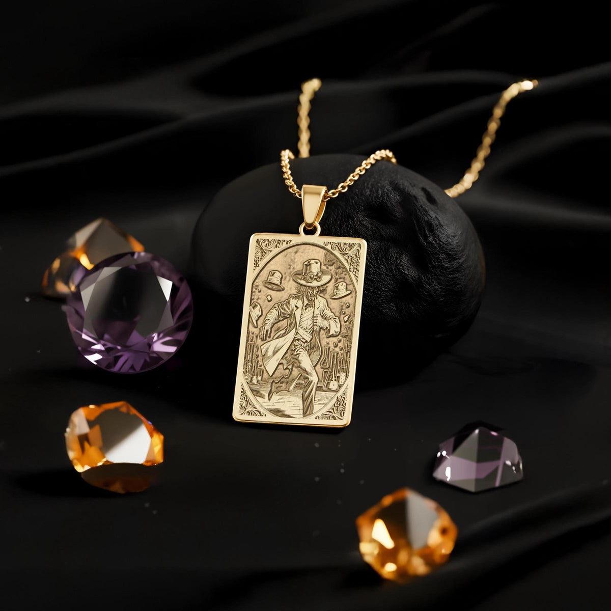 14K 14K Gold Plated Invisible Man Sci-Fi Horror Necklace Necklaces Gold-toned rectangular pendant necklace with classical engraving and loose amethyst and citrine stones.