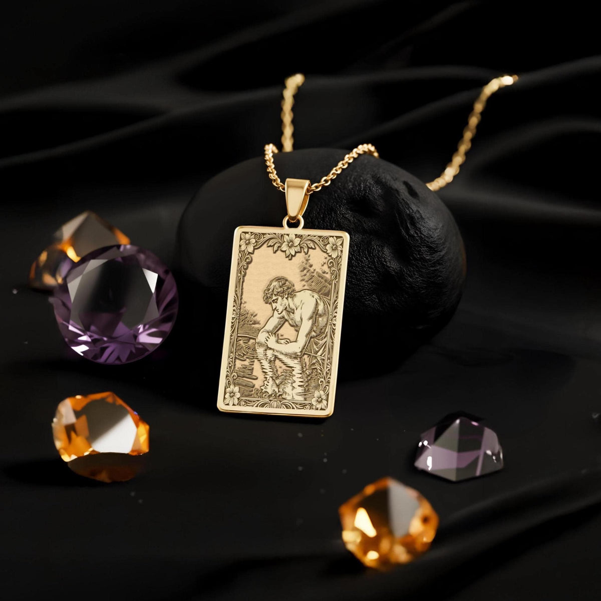 Narcissus Pendant Necklace: 14K Gold, Greek Mythology Art, Dark Academia Jewelry - View 214