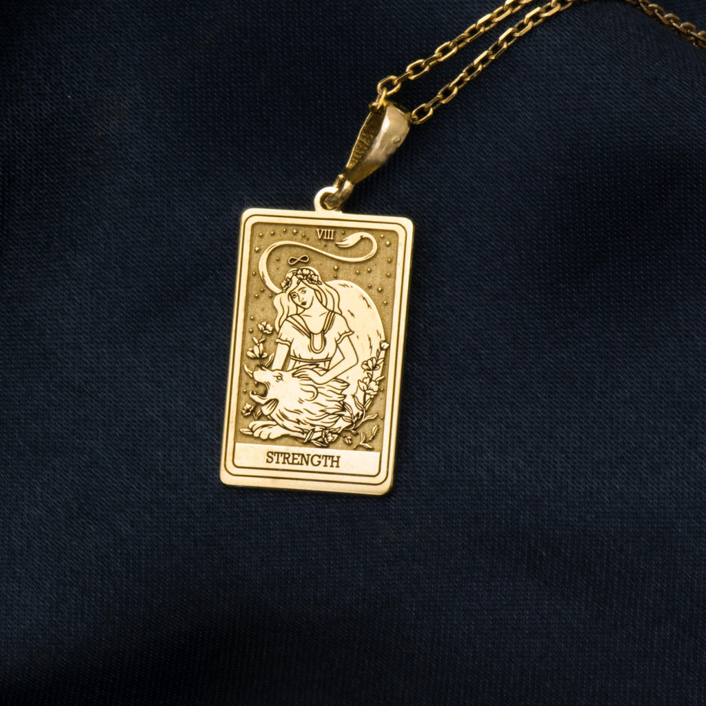 Strength Tarot Necklace: 14K Gold with tarot card rider waite occult arcana talisman - View 207