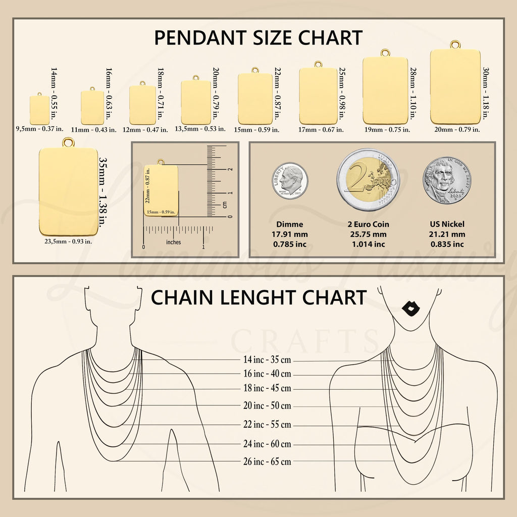 Moon Tarot Card Necklace Necklaces size chart with pendant dimensions and chain length options