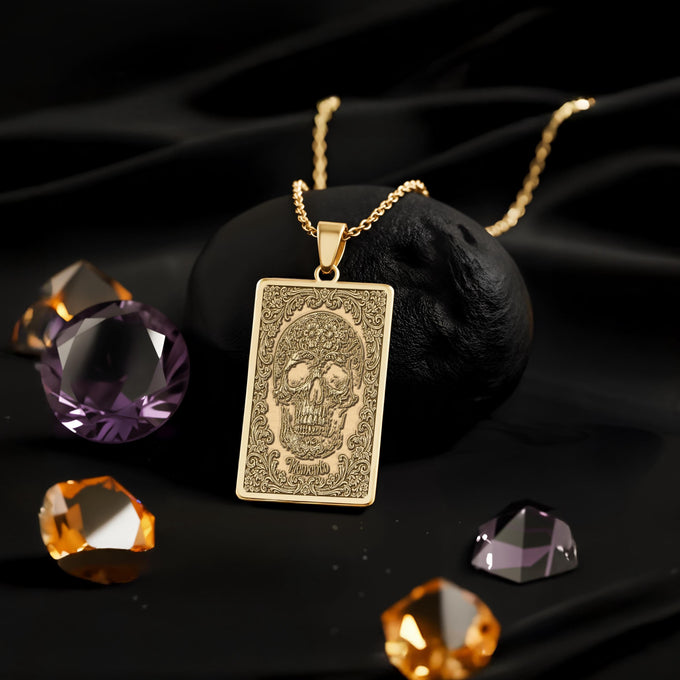 Memento Mori Pendant Necklace: 14K Gold Skull & Bones Charm - View 2