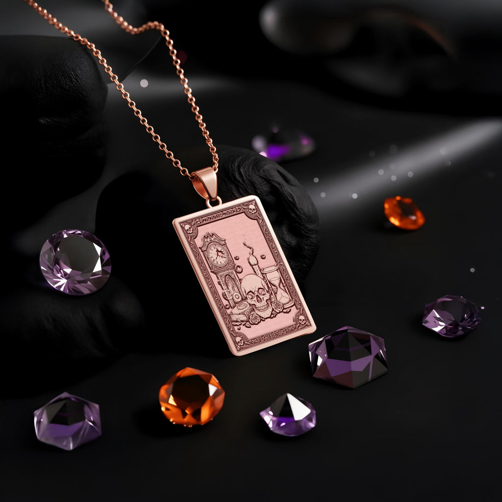 Memento Mori Necklace: 14K Gold, Skull Hourglass Tarot, Stoic Philosophy Jewelry - View 6