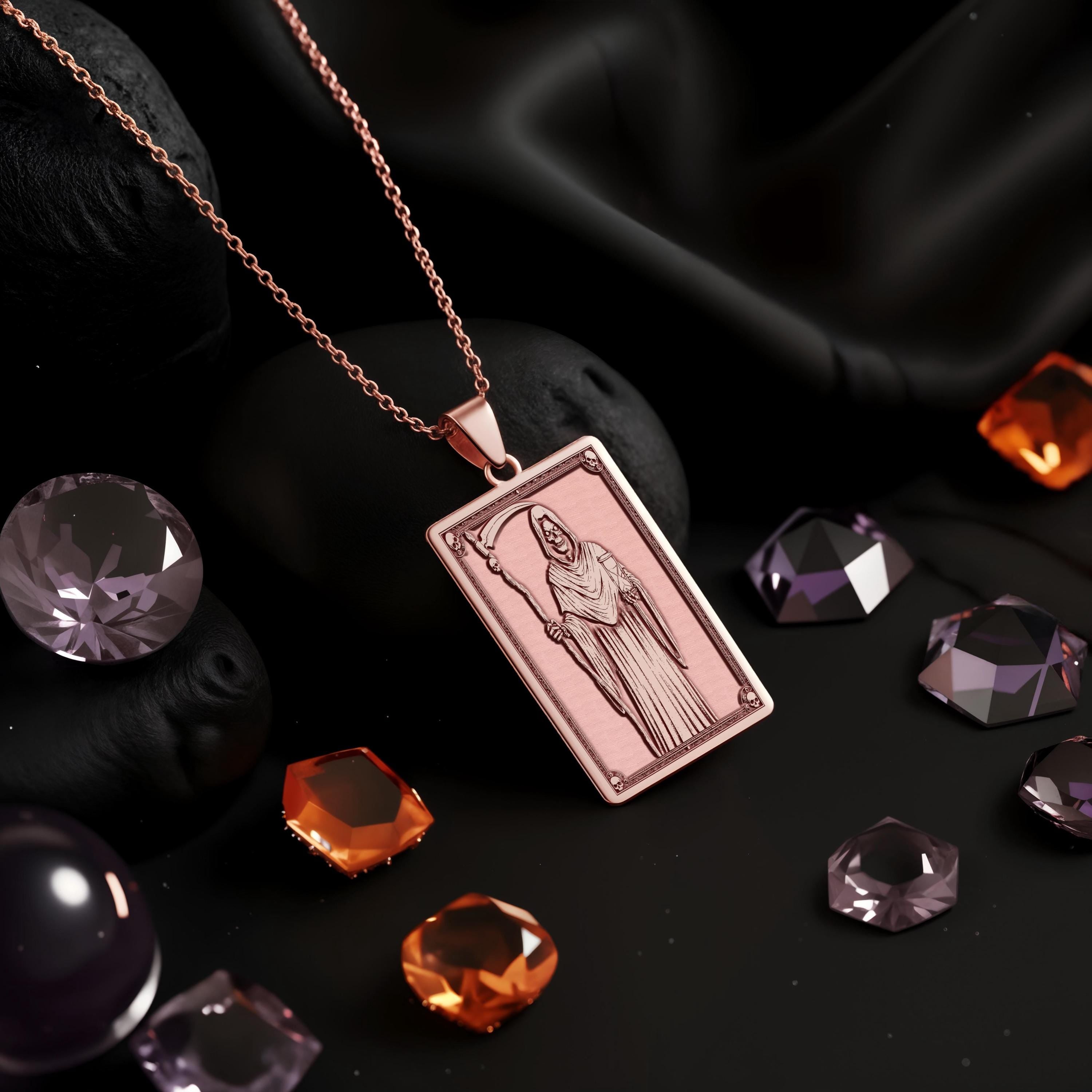 Grim Reaper Pendant Necklace: 14K Gold, Death Tarot Card, Gothic Horror Jewelry - View 5