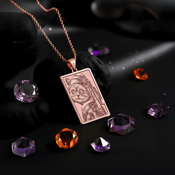 Cat with Pearl Earring Necklace: 14K Gold Vermeer Parody Funny Art - View 6