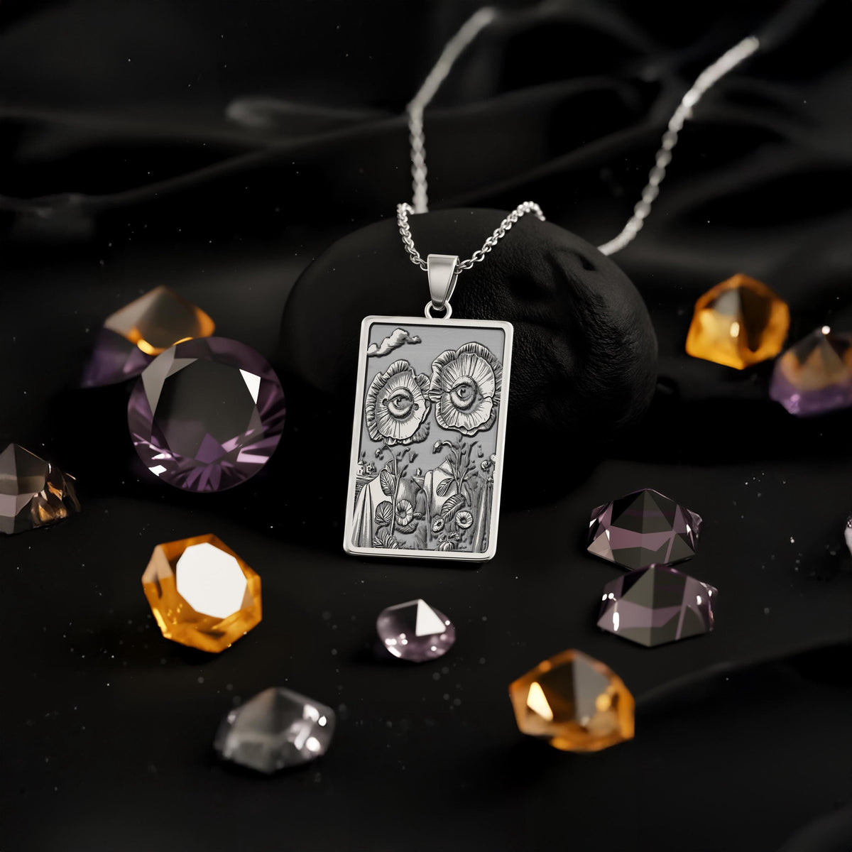Surreal Flower Eyes Necklace: 14K Gold Alice in Wonderland Art - View 4