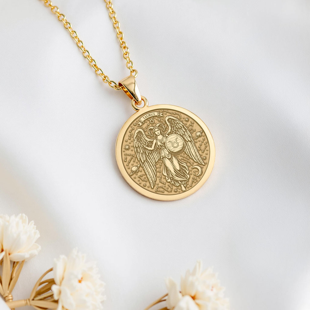 Taurus Zodiac Medallion Necklace: 14K Gold with horoscope art star sign astrology - View 207