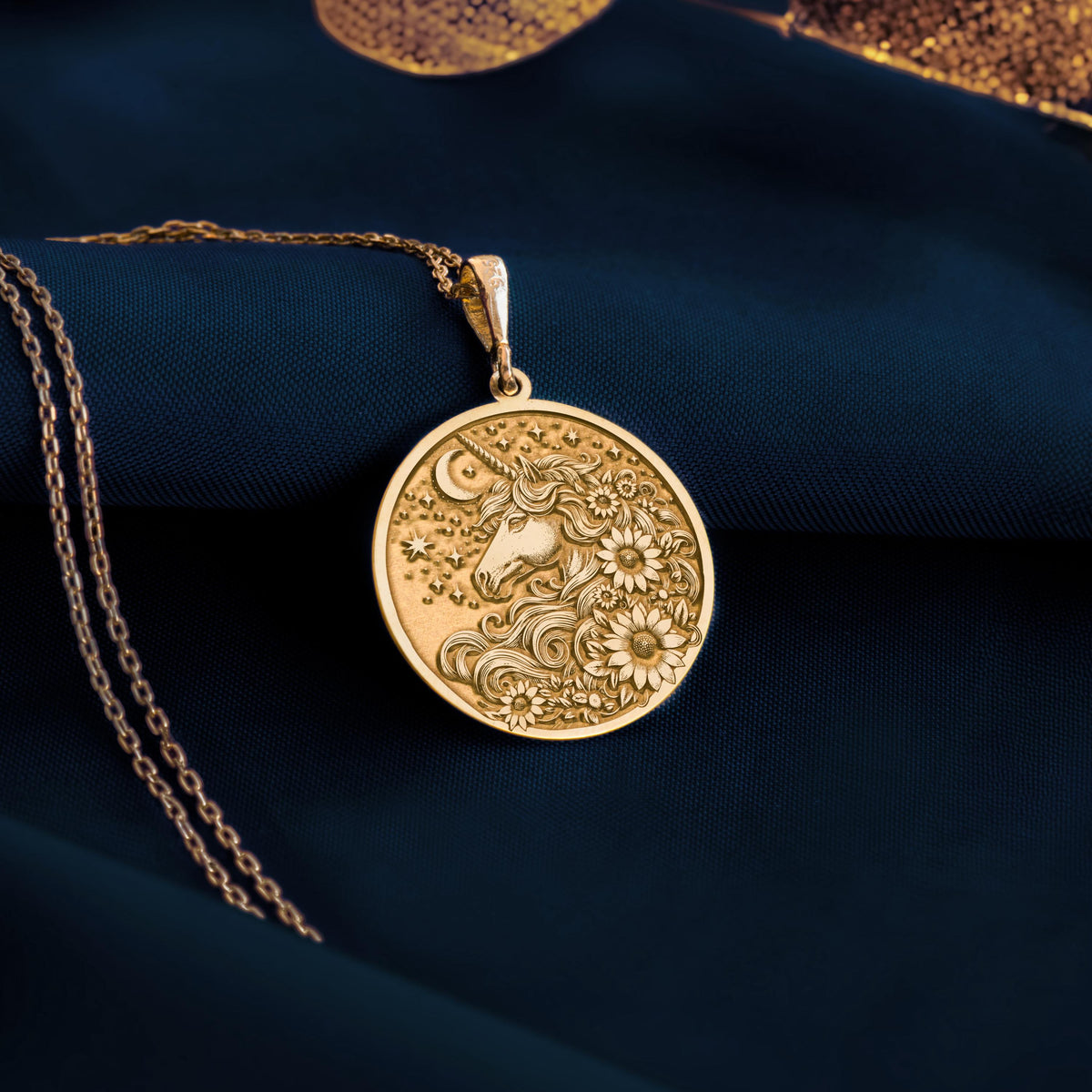 Unicorn Necklace, 14K Gold Floral Uni Jewelry,Personalized Magic Pony Charm Coin Pendant - View 200