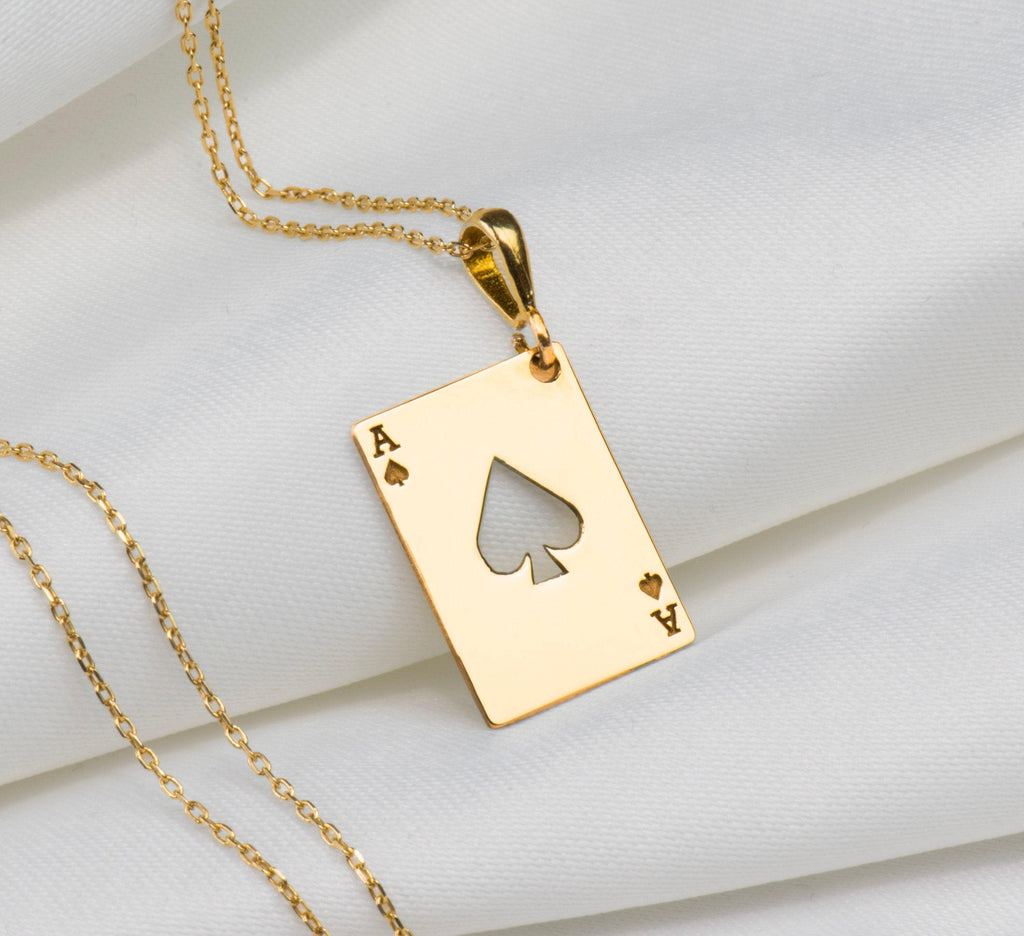 Ace of Spades Poker Card Necklace — 14K Gold Plated Over 925 Sterling Silver front view