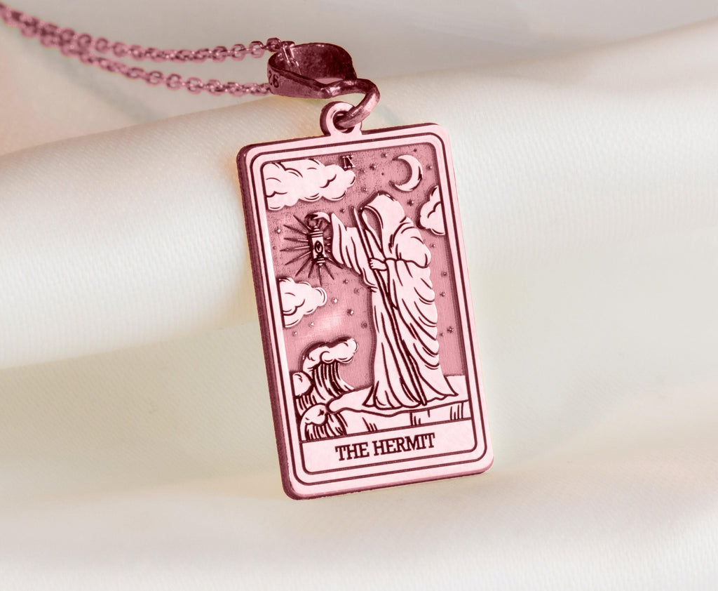 Hermit Figure Necklace Necklaces 14K Rose 14K 14K Rose Gold Plated rectangular pendant featuring a hermit and crescent moon design necklace