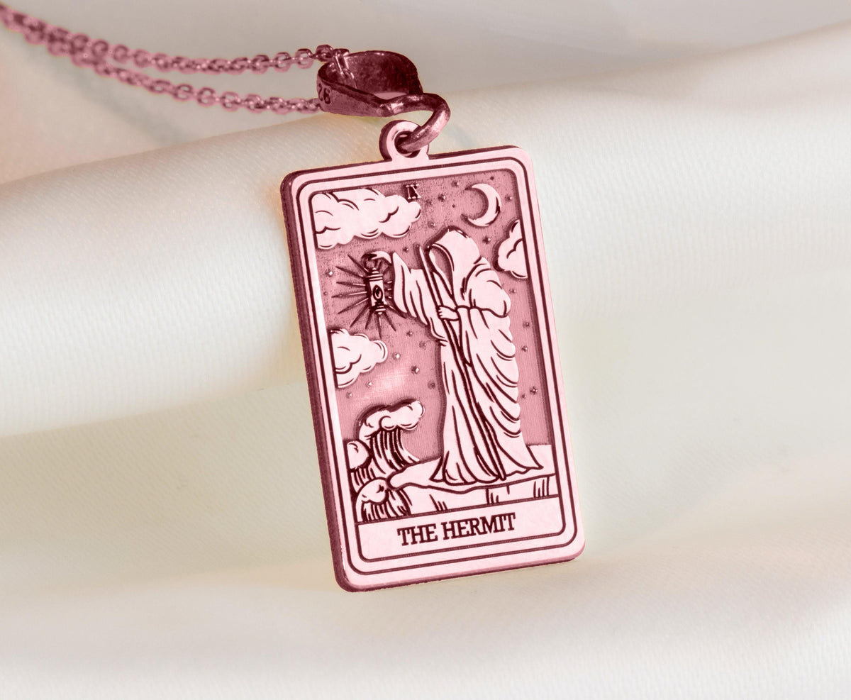 Hermit Figure Necklace Necklaces 14K Rose 14K 14K Rose Gold Plated rectangular pendant featuring a hermit and crescent moon design necklace
