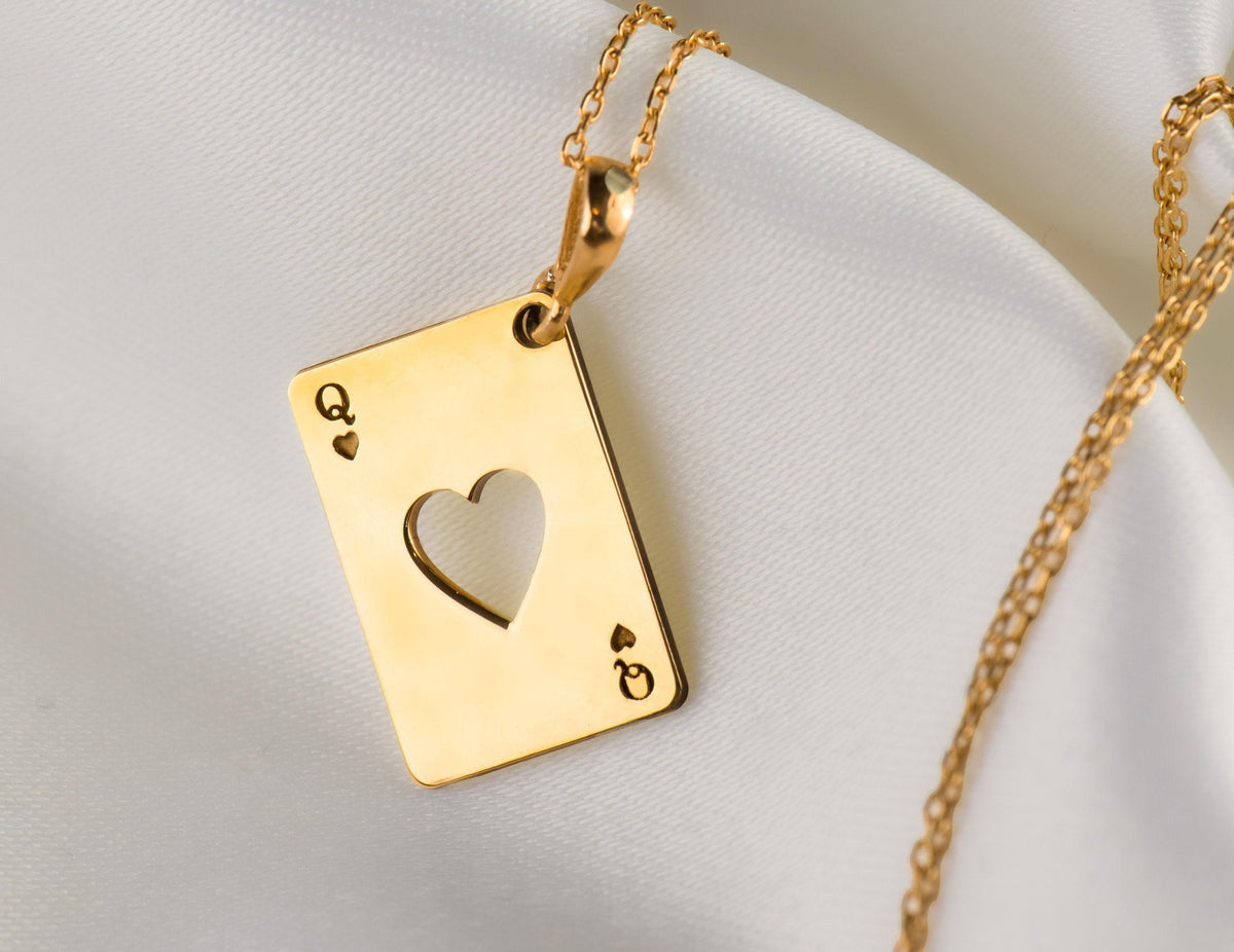 Queen of Hearts Necklace: 14K Gold with poker necklace queen hearts talisman amulet - View 48