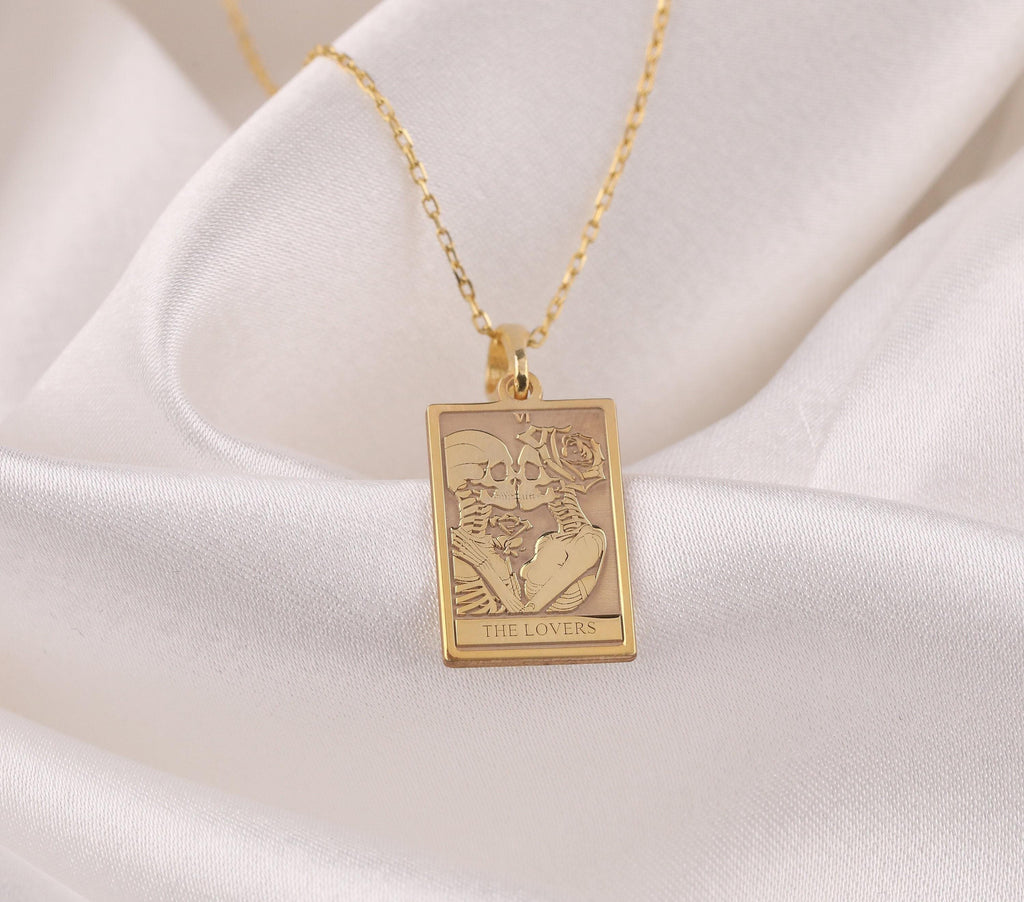 Lovers Tarot Card Necklace Necklaces 14K 14K Gold Plated pendant necklace featuring an engraved skeleton design and the text 'THE LOVERS'