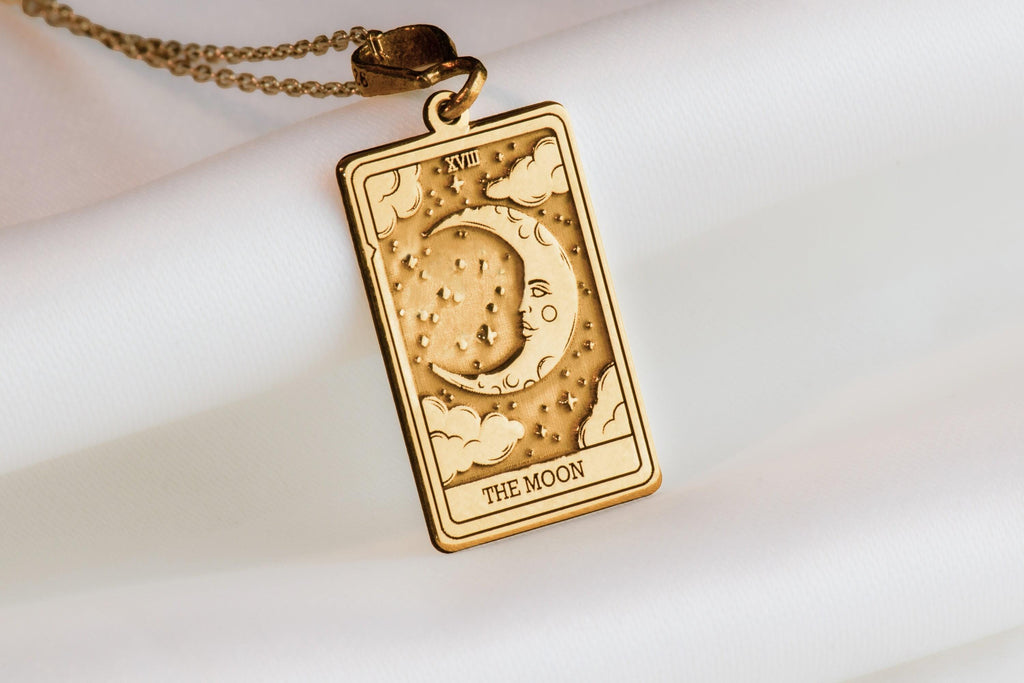 Moon Tarot Card Necklace: 14K Gold with tarot card rider waite occult arcana talisman - View 153