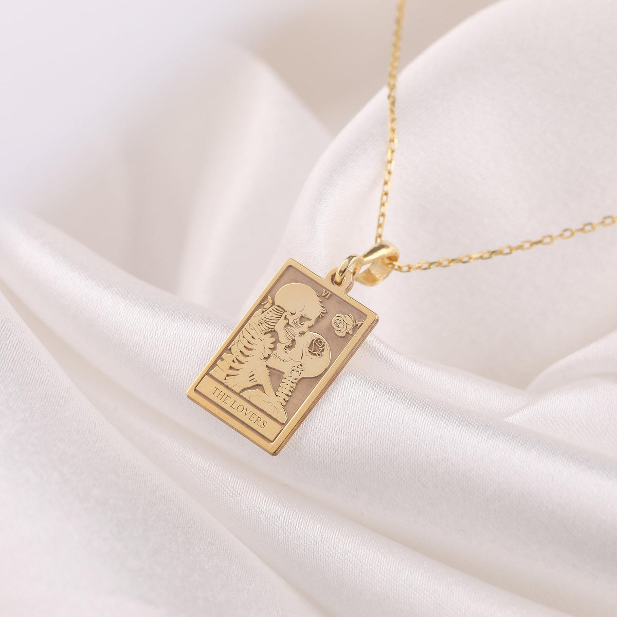 Lovers Tarot Card Pendant Necklaces 14K 14K Gold Plated rectangular pendant featuring engraved lovers design and text on a gold chain.