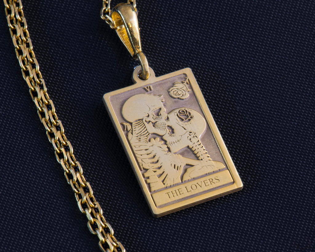 Lovers Tarot Card Pendant Necklaces 14K 14K Gold Plated pendant necklace featuring intertwined skeleton design and The Lovers motif.