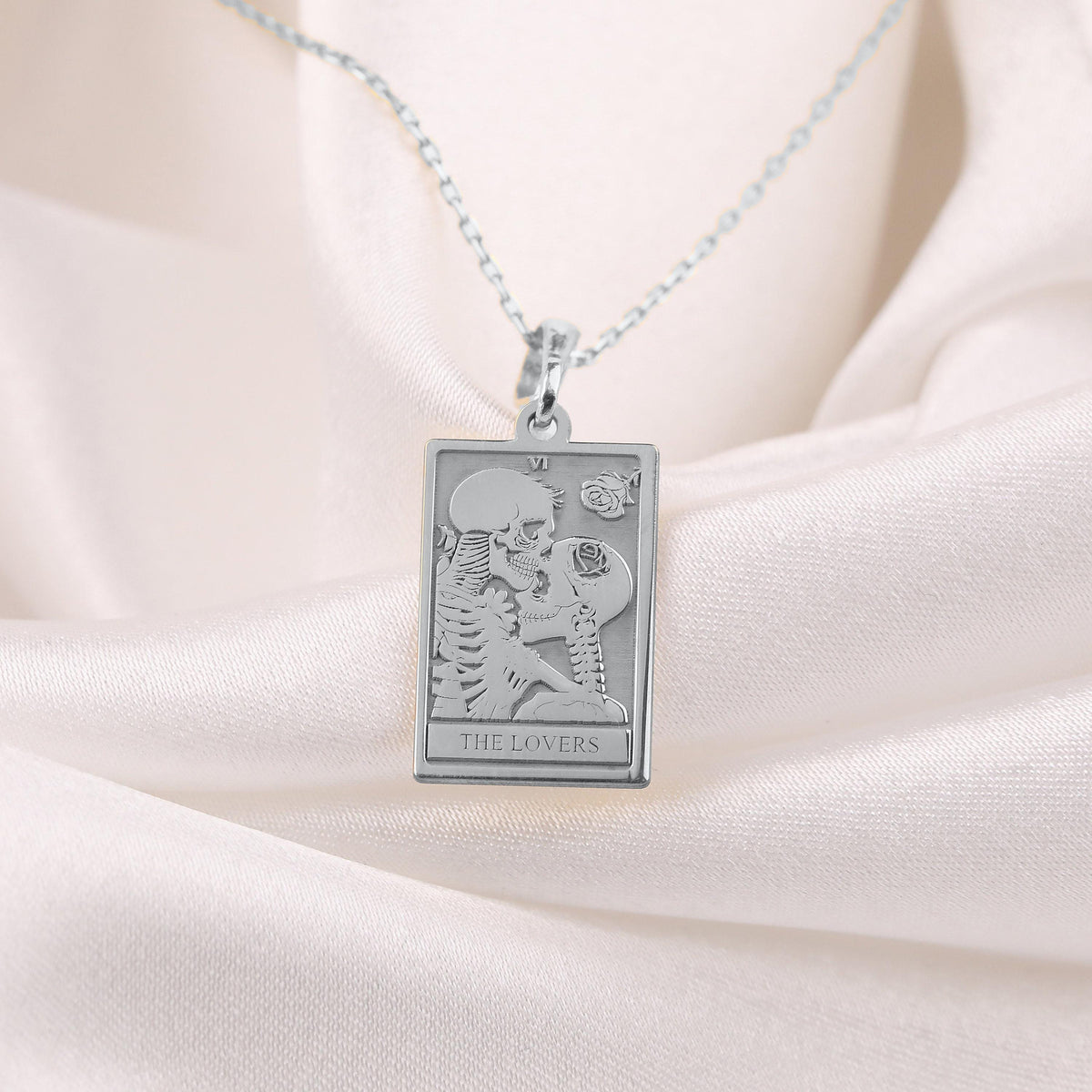 Lovers Tarot Card Pendant Necklaces 925 925 Sterling Silver square pendant featuring intertwined skeleton and rose design for the lovers necklace