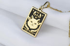 Horned Devil Cat Pendant Necklaces 14K 14K Gold Plated pendant necklace featuring a stylized cat devil face design with stars and text.