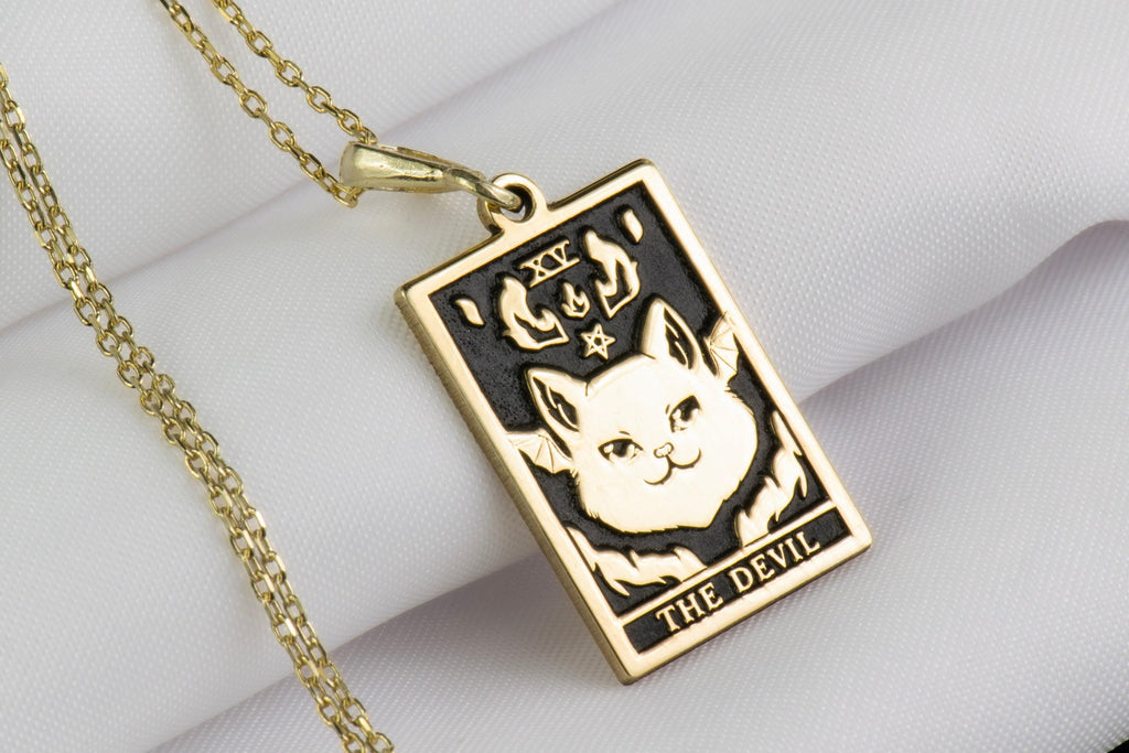 Horned Devil Cat Pendant Necklaces 14K 14K Gold Plated rectangular pendant featuring a cat face design with devil motifs and Roman numerals.