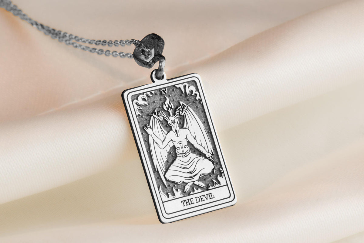 925 925 Sterling Silver Devil Tarot Rider Waite Occult Amulet Necklace Necklaces Oxidized silver rectangular pendant featuring a winged devil design and text for a gothic necklace.