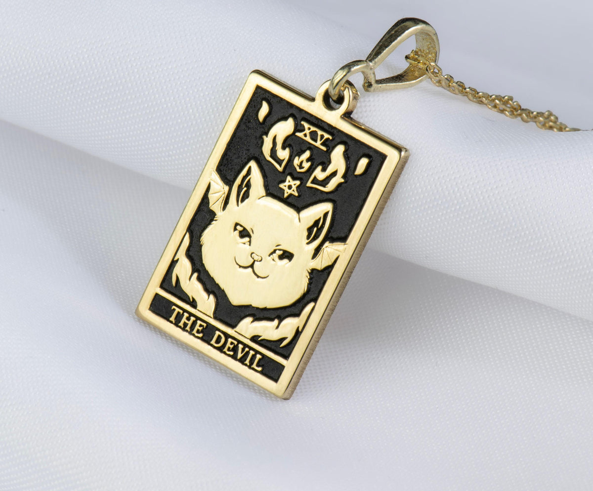 Horned Devil Cat Pendant Necklaces 14K 14K Gold Plated pendant necklace featuring a cat devil face design on a rectangular plaque.