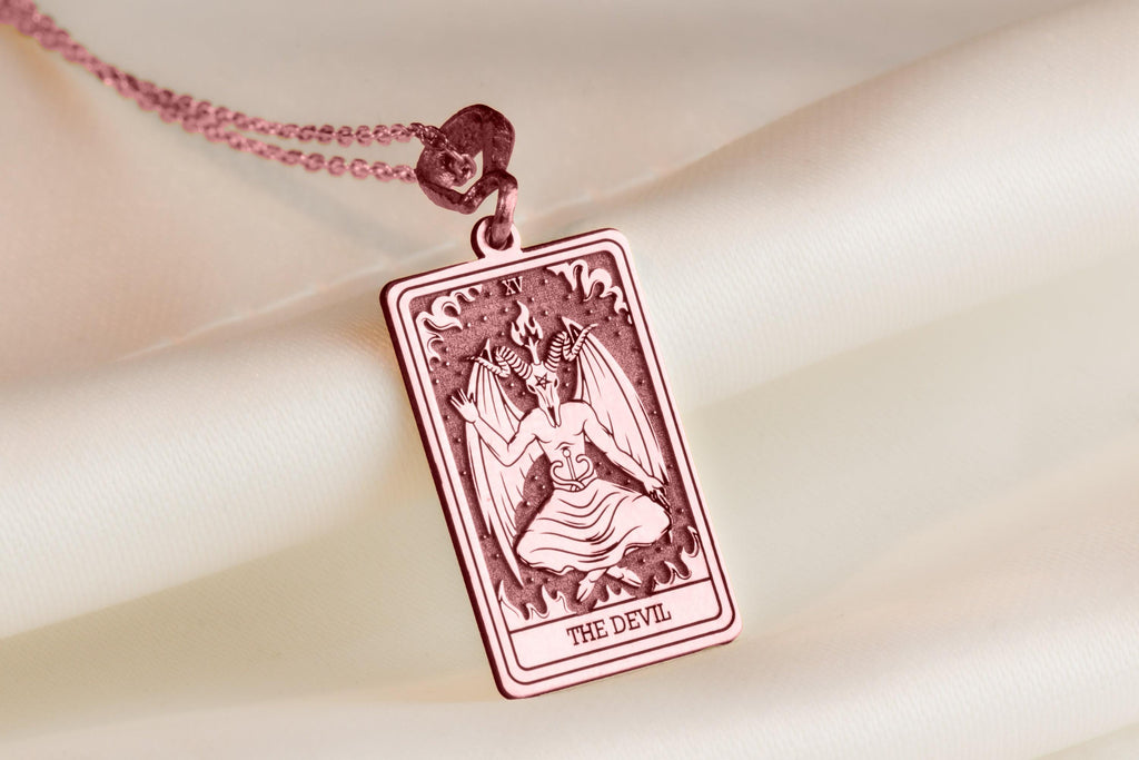 Devil Tarot Rider Waite Occult Amulet Necklace Necklaces 14K Rose 14K 14K Rose Gold Plated rectangular pendant featuring a gothic devil figure design.