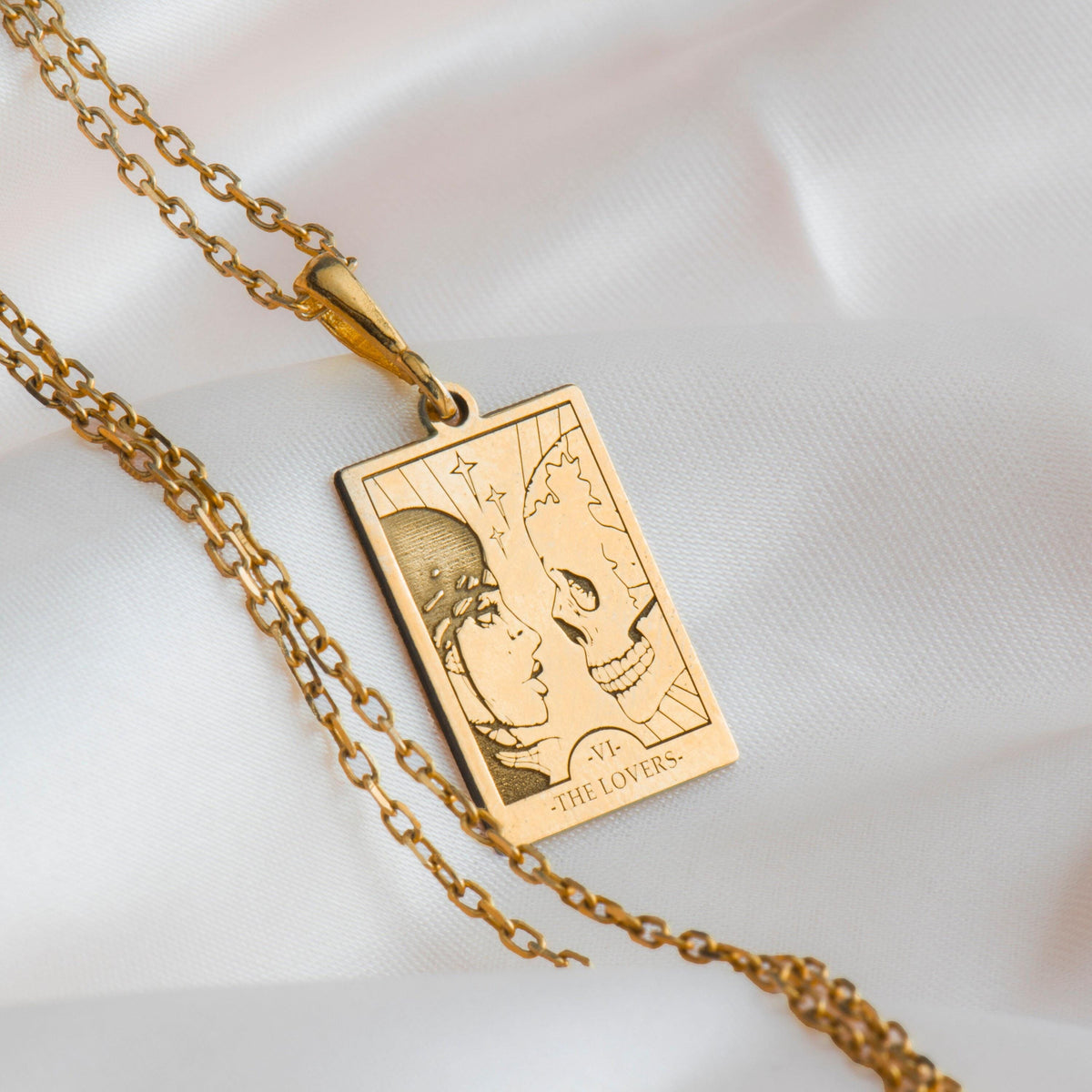 Lovers Tarot Card Necklace Necklaces 14K 14K Gold Plated pendant necklace featuring a rectangular The Lovers skull design.