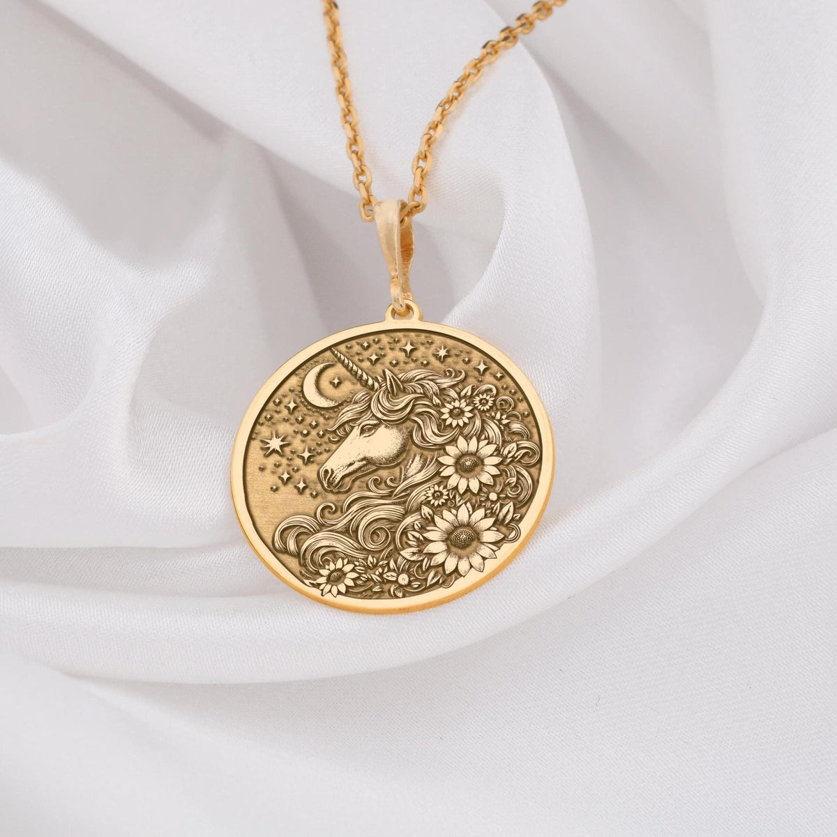 Unicorn Necklace, 14K Gold Floral Uni Jewelry,Personalized Magic Pony Charm Coin Pendant - View 153