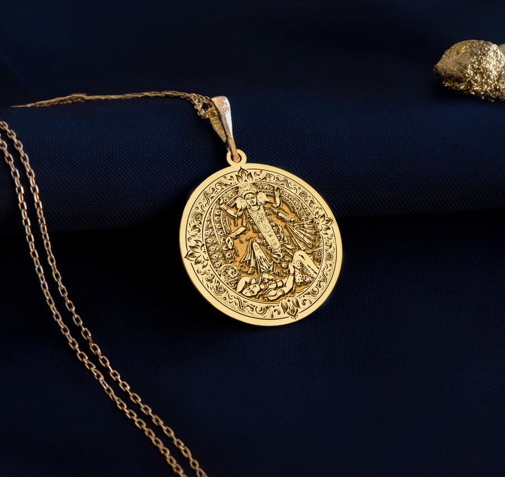 Kali Ma Memento Mori Pendant Necklaces 14K 14K Gold Plated pendant necklace featuring a classical scene design on a round disc.