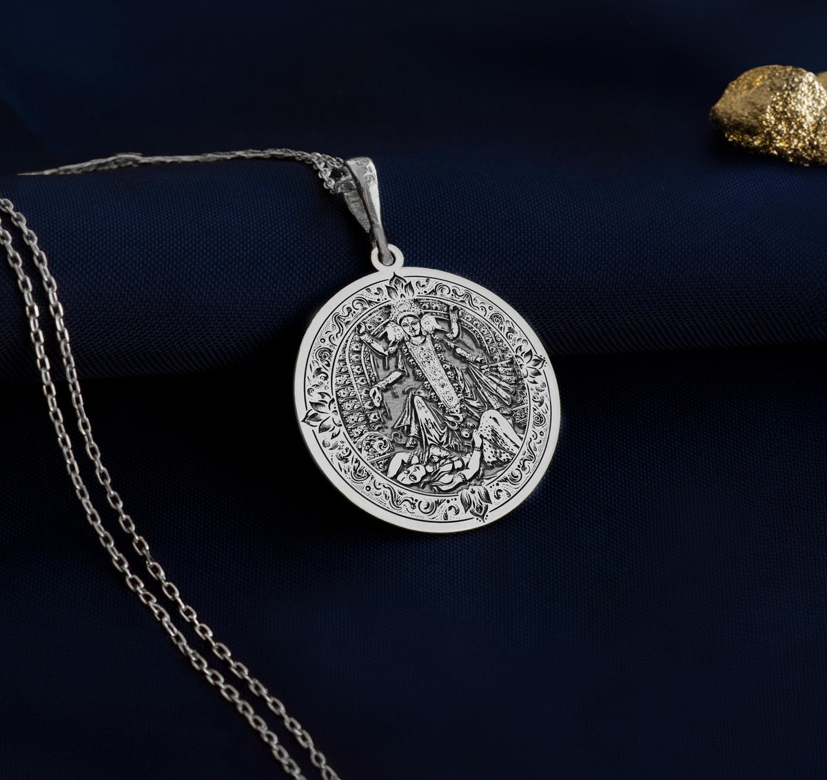 Kali Ma Memento Mori Pendant Necklaces 925 925 Sterling Silver round pendant with intricate classical scene on a chain.