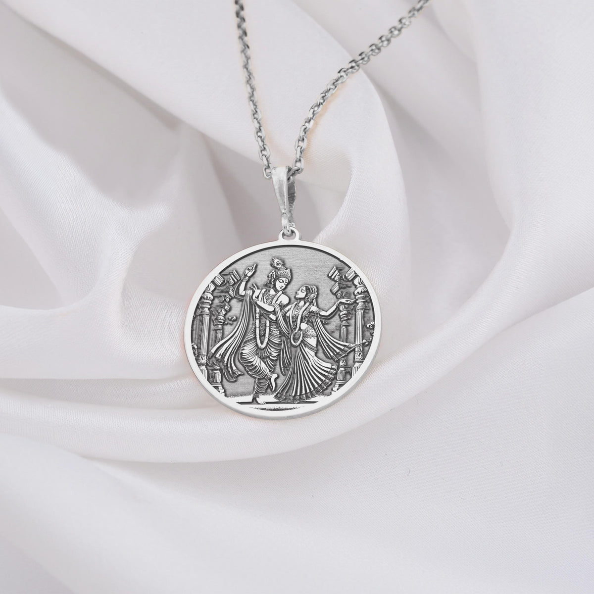 Krishna Radha Necklace: 14K Gold with radha krishna couple swing pendant talisman - View 200