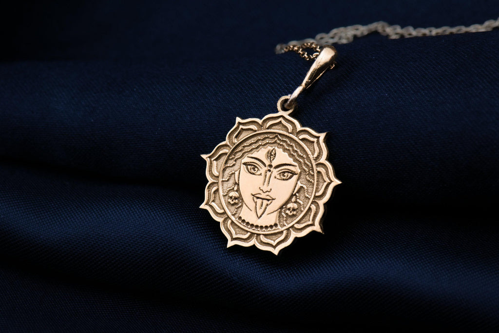 Durga Warrior Goddess Amulet Necklace Necklaces 14K 14K Gold Plated pendant with stylized face in a circular mandala frame necklace