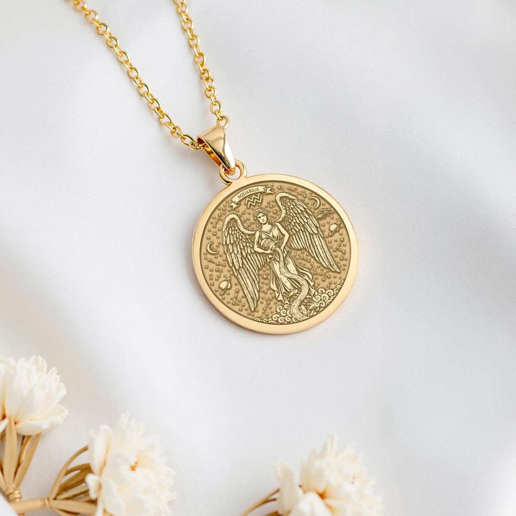 Aquarius Necklace: 14K Gold with water bearer zodiac sign astrology talisman gift - View 158