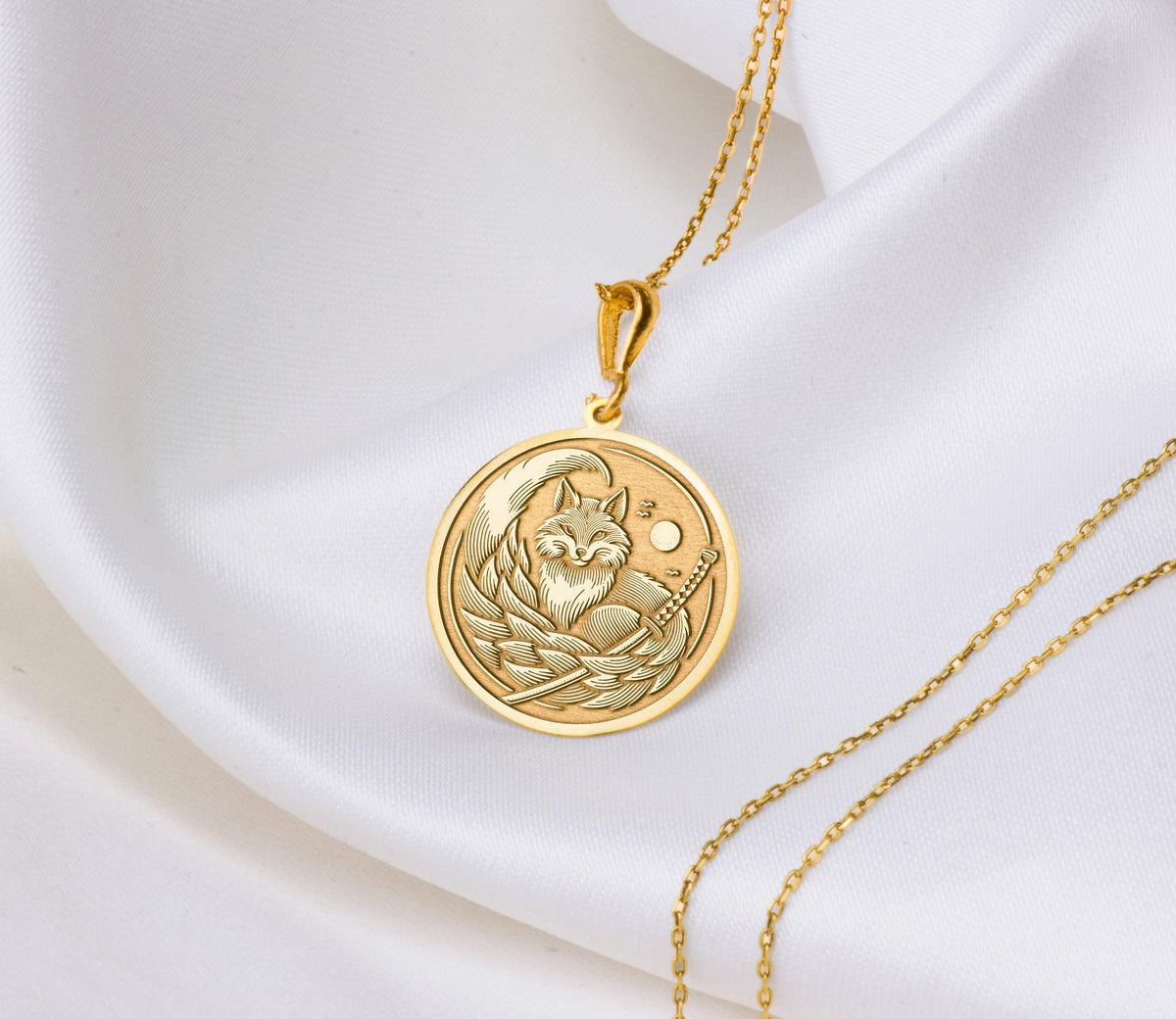 14K Solid Gold Kitsune Fox Necklace: 14K Gold with japanese fox charm kitsune medallion - View 48