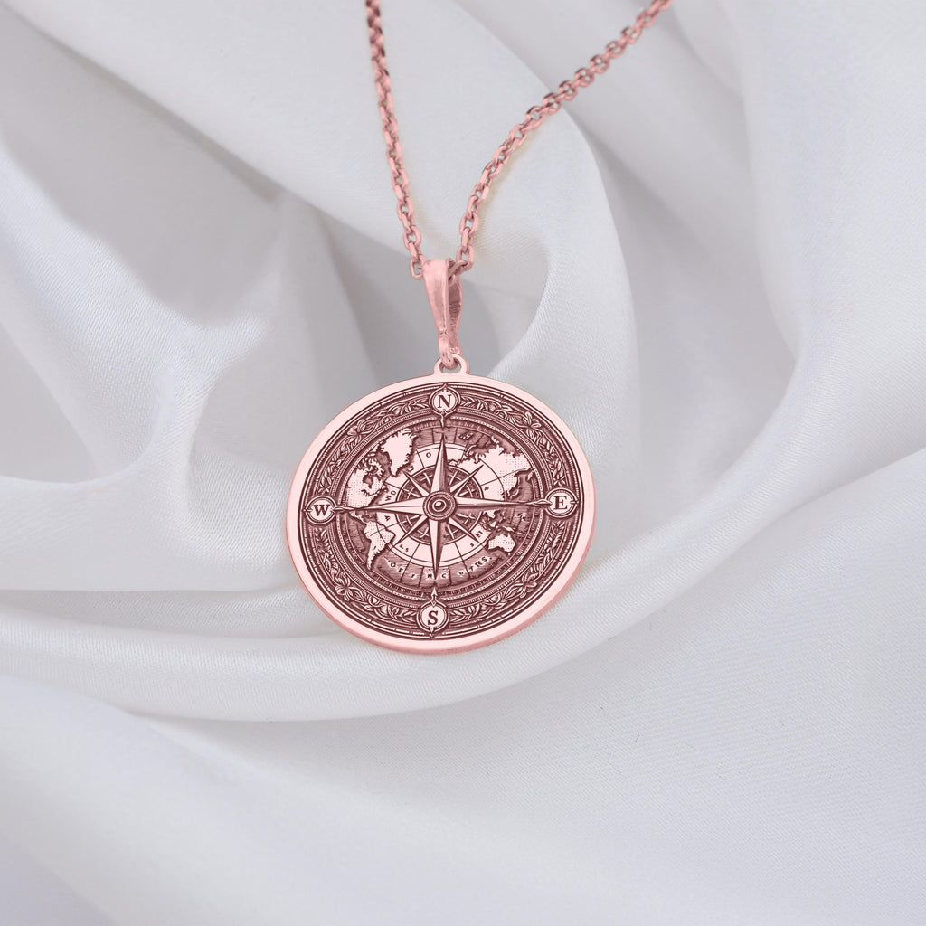World Map Compass Necklace 14K Gold Personalized Travel Pendant, Navigation Charm, Wanderer Gift - View 214