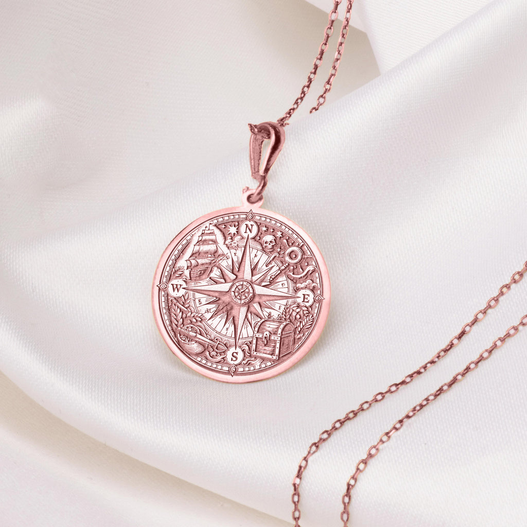 Compass Amulet Necklace Necklaces 14K Rose 14K 14K Rose Gold Plated compass rose pendant necklace with cardinal directions and detailed engraving.