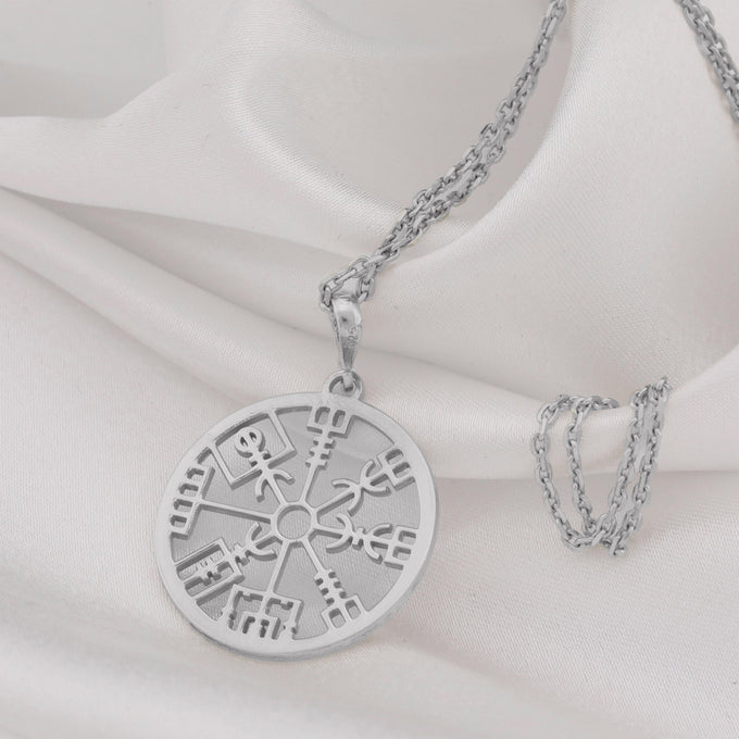 Sterling silver Vegvisir Viking Compass Necklace: round  of Norse Vegvisir Viking compa...