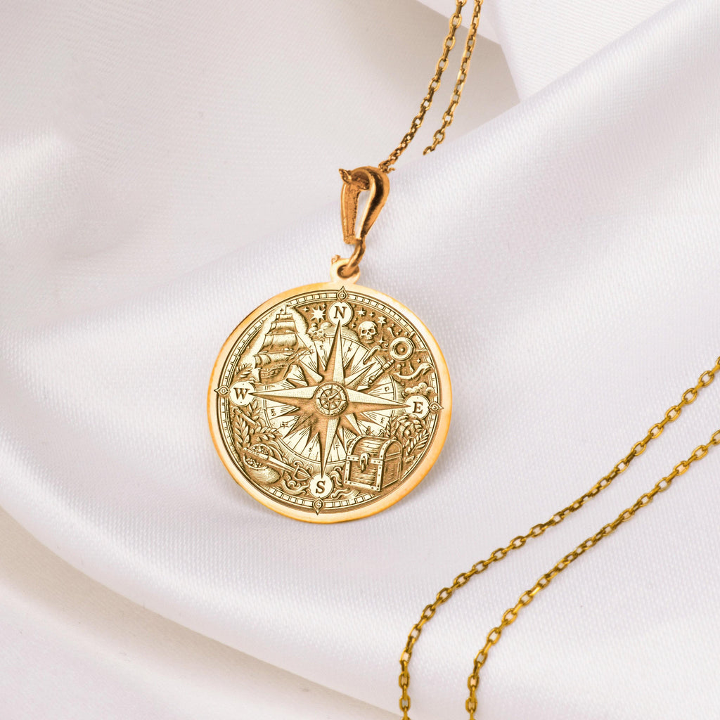 Compass Amulet Necklace Necklaces 14K 14K Gold Plated compass rose star pendant necklace with circular design and cardinal points.