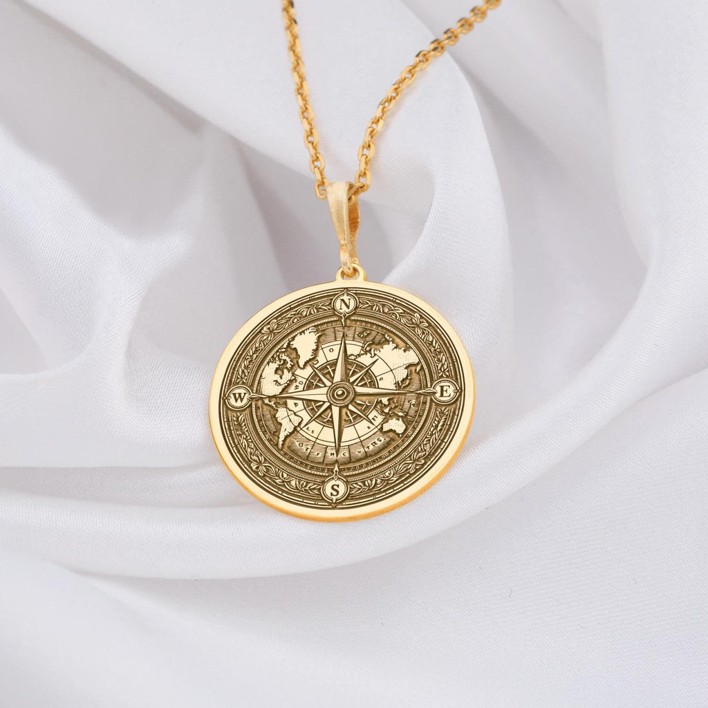 World Map Compass Necklace 14K Gold Personalized Travel Pendant, Navigation Charm, Wanderer Gift - View 153