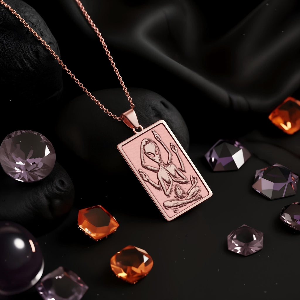 Meditating Alien Necklace: 14K Gold, Zen Sci-Fi Art, Yoga Space Gift - View 5