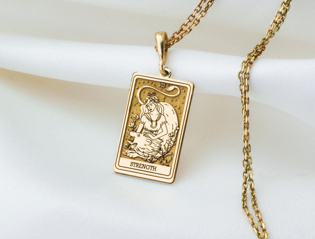 Strength Tarot Necklace: 14K Gold with tarot card rider waite occult arcana talisman - View 153