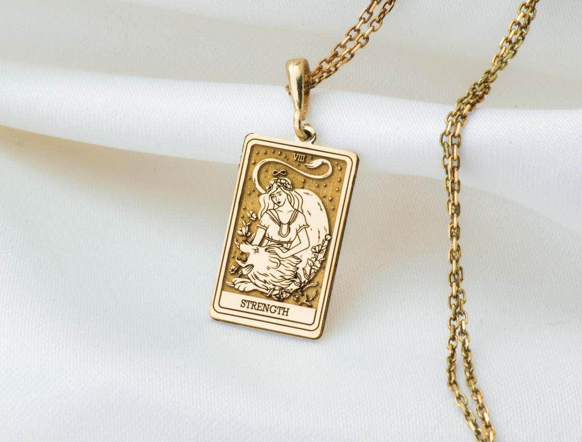 Strength Tarot Necklace: 14K Gold with tarot card rider waite occult arcana talisman - View 153