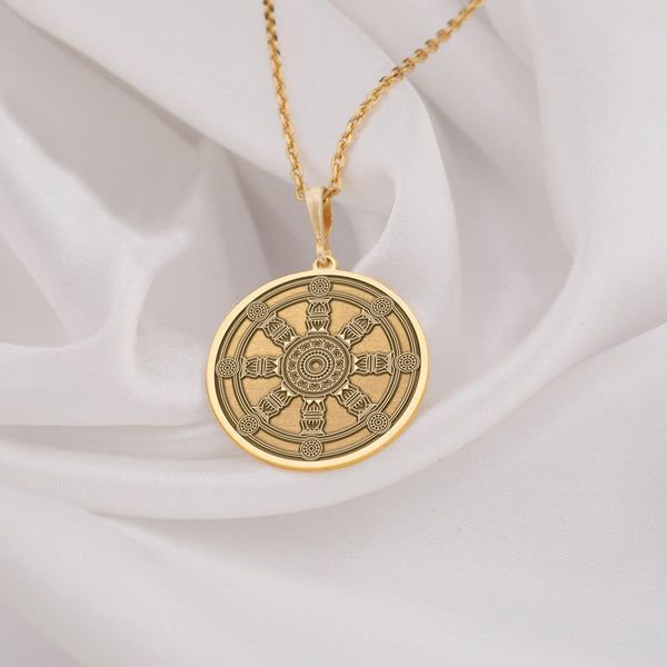 Dharma Wheel Necklace: 14K Gold with dharma wheel charm wheel spoked talisman amulet - View 48