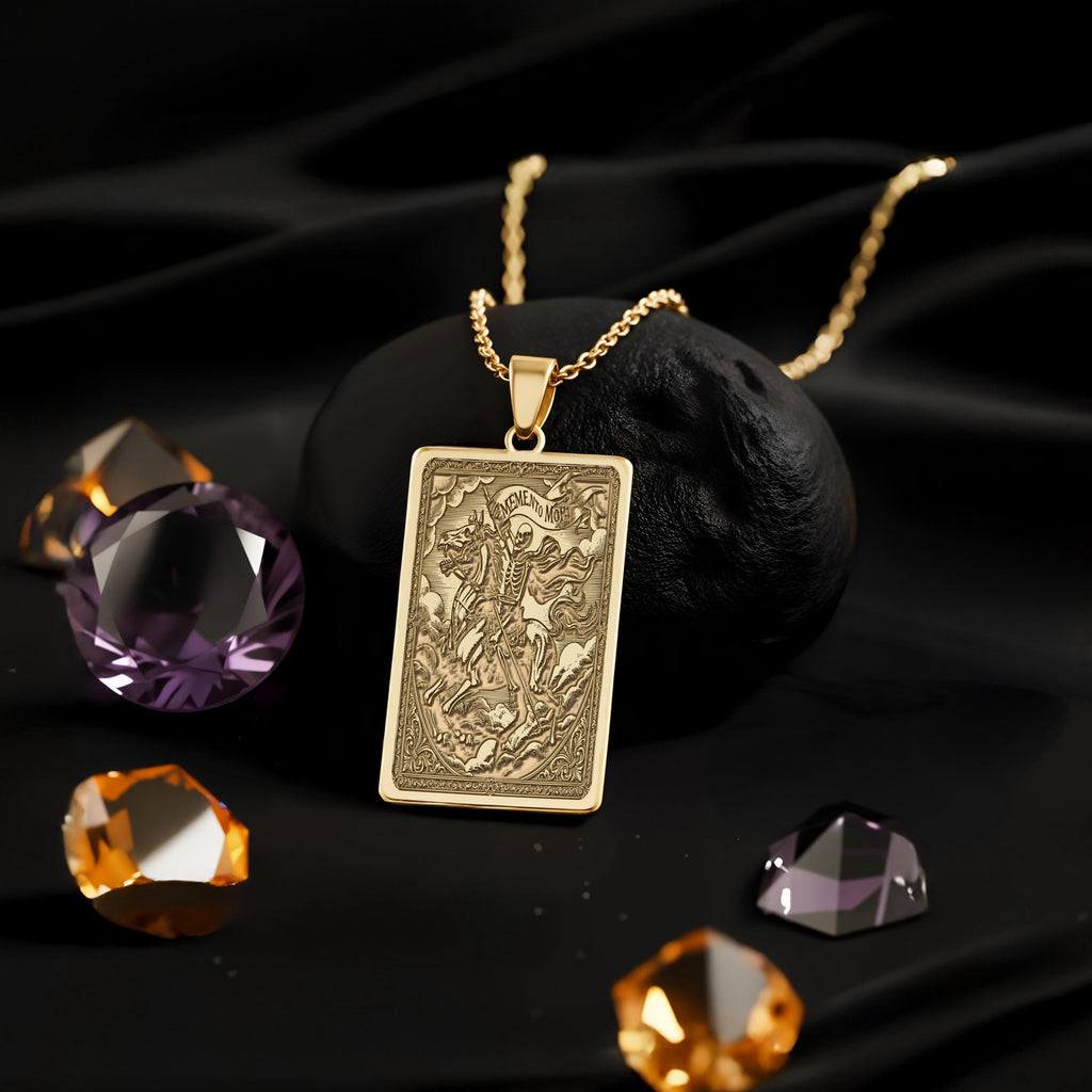 Memento Mori Pendant Necklace: 14K Gold Skeleton Knight Charm - View 214