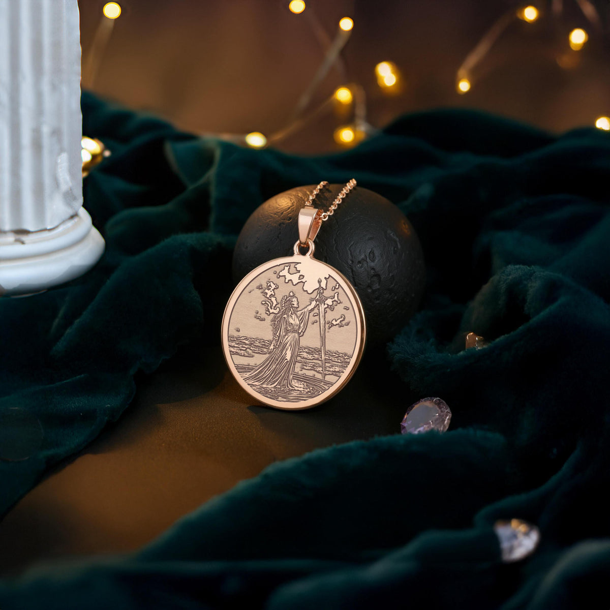 Lady of the Lake Excalibur Charm Necklace Necklaces 14K 14K Gold Plated engraved landscape pendant necklace with flowing figure